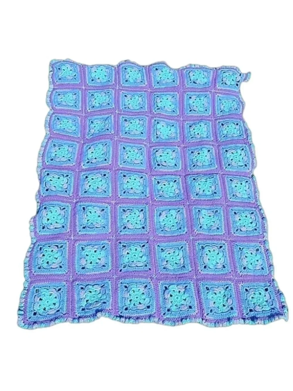 Hand Crafted Purple Blue Aqua Crochet Blanket Granny Square Throw